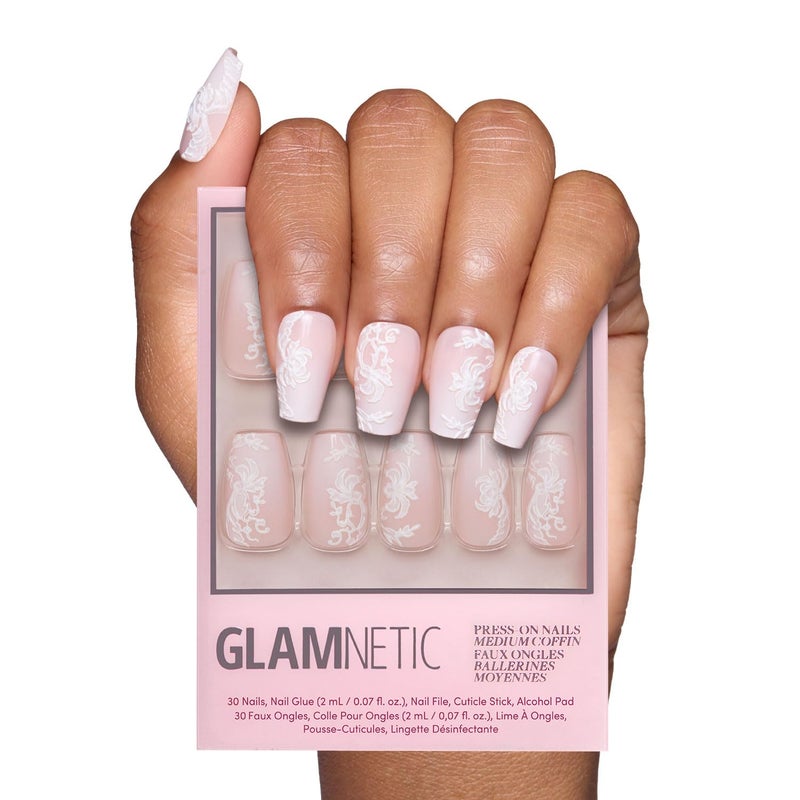 Glamnetic Press On Nails  Lace Blush  Glossy Matte Opaque Medium Coffin Nails with Lace Detailing Salon Quality  15 Sizes  30 Nail Kit with Glue